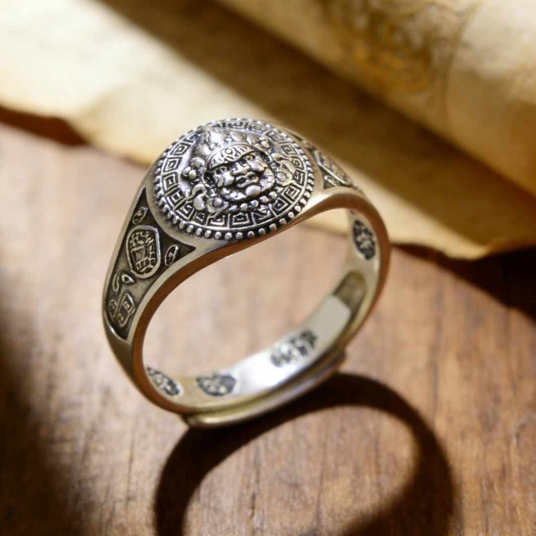 足银戒指 复古银戒做旧 民族风浮雕黄财神戒指 个性配饰男款女士