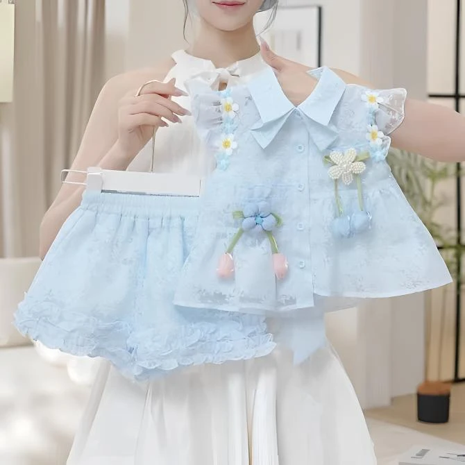 女童碎花短袖短裤套装夏季2025新款儿童小飞袖T恤裙裤两件套