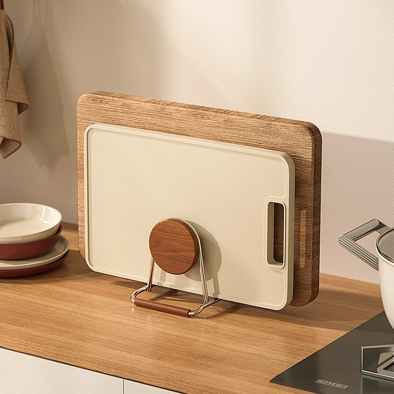 物鸣榉木厨房置物架砧板架中古风台面款多功能实木菜板收纳沥水