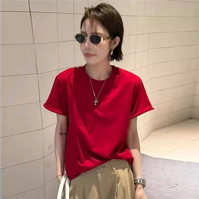 2025夏季新款女士红色正肩短袖t恤韩系穿搭百搭宽松显瘦休闲上衣