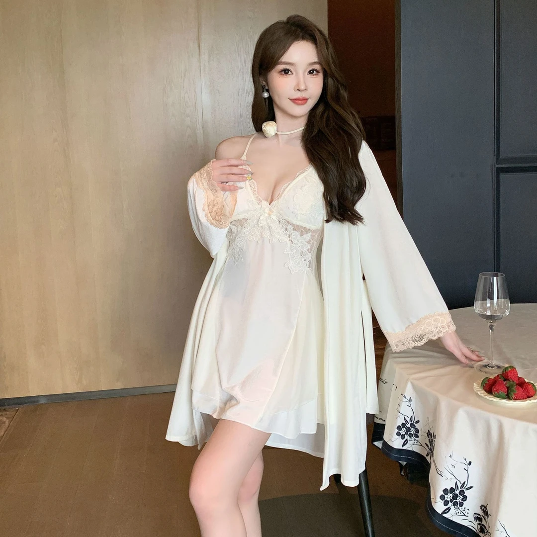 性感睡衣女秋冬款吊带睡裙睡袍两件套蕾丝花边高级感带胸垫家居服