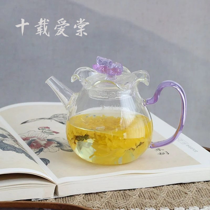 十载爱棠高硼硅玻璃蝴蝶花口壶煮茶壶泡茶壶家用耐高温透明茶壶