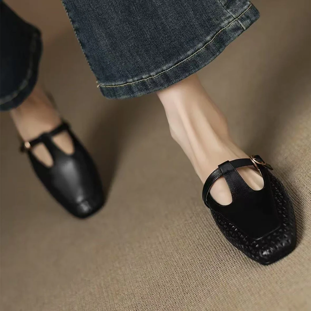 【朵苮品牌】春夏新款真皮镂空透气包头拖鞋女百度中跟休闲半拖8059