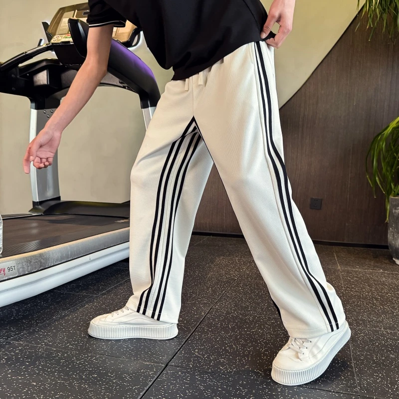 白色条纹直筒裤子男款春夏潮牌宽松韩版百搭运动休闲裤男美式长裤