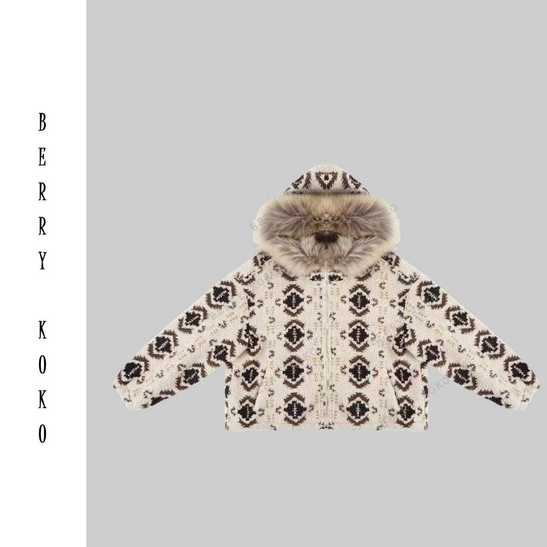 秋冬复古花纹羔毛“貉子毛”领慵懒风保暖外套W191