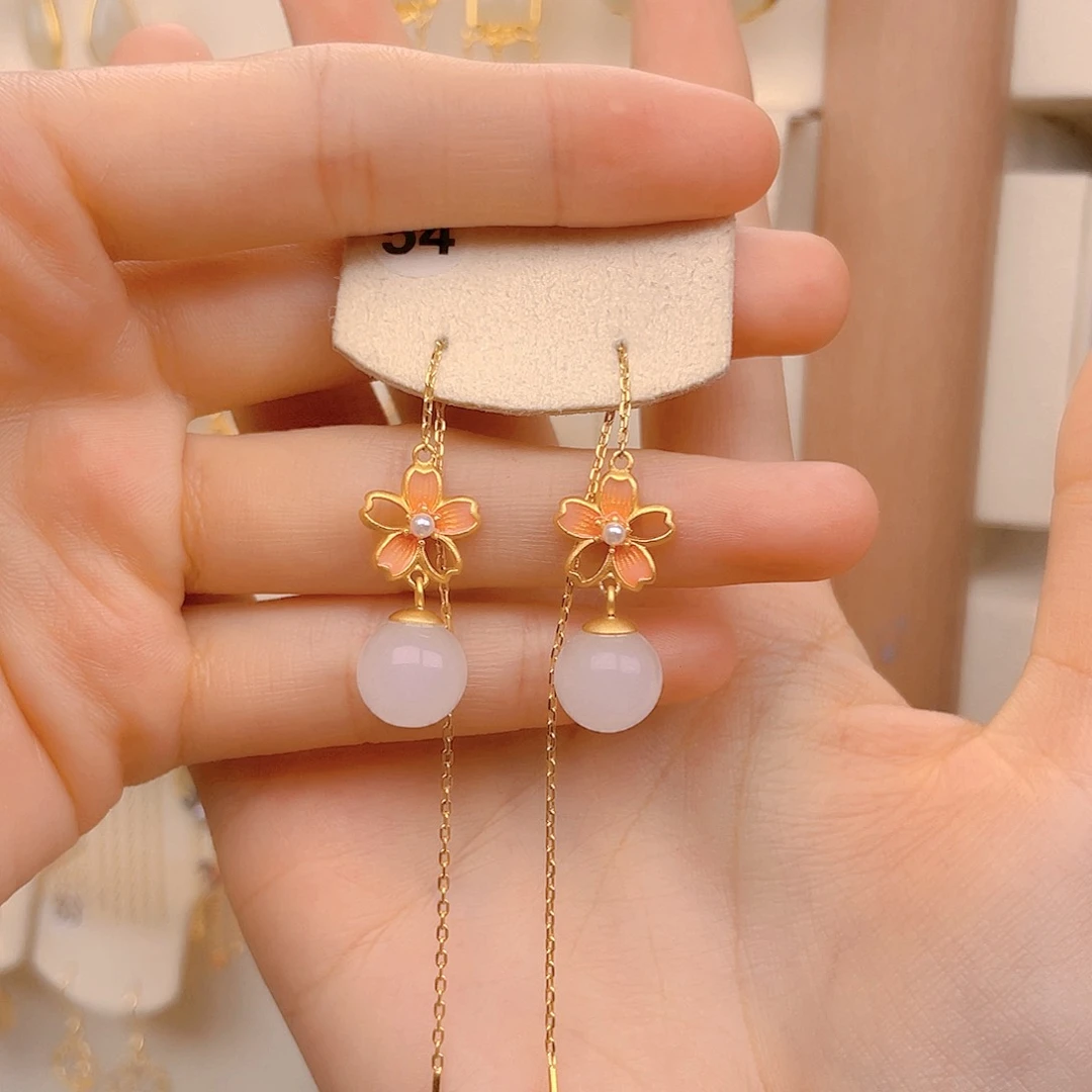 和田玉耳饰银S925镀金镶嵌