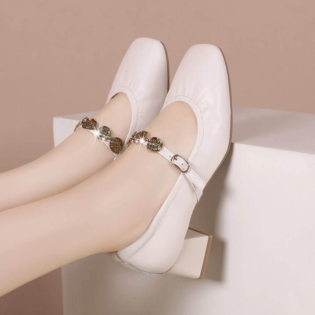 2025春季真皮单鞋玛丽珍鞋粗跟中跟小皮鞋百搭浅口妈妈鞋时尚女鞋