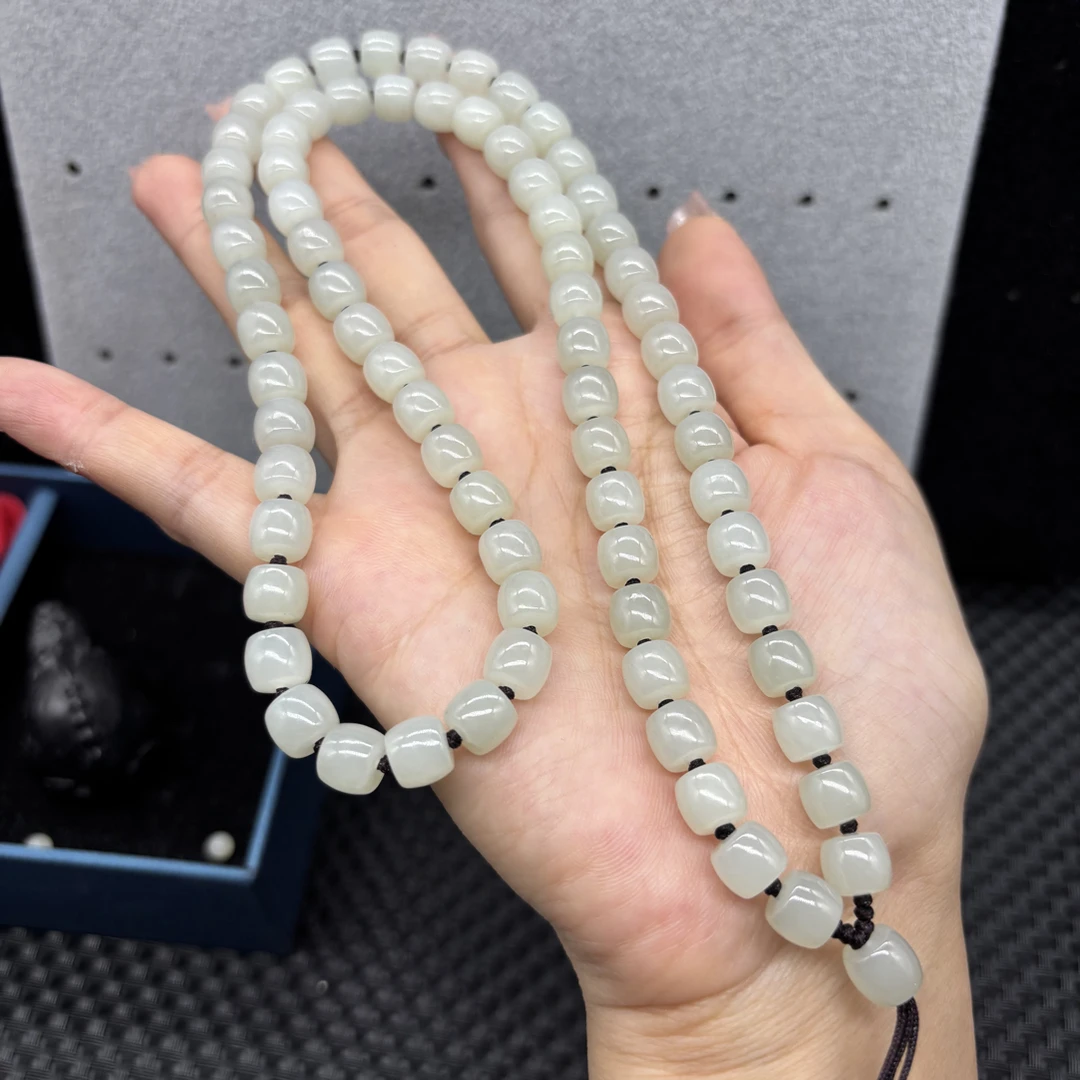 高端天然新疆和田玉白玉直切桶珠8mm玉石挂牌绳毛衣链长链百搭款