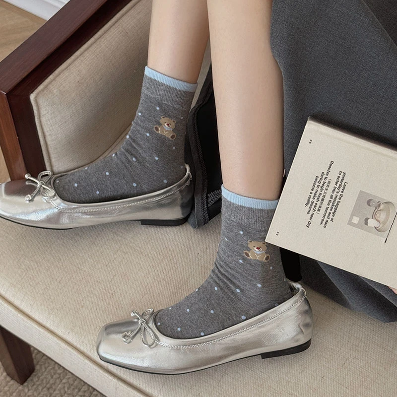 韩版灰色系学院风中筒袜卡通小熊可爱波点袜子外穿街头休闲堆堆袜