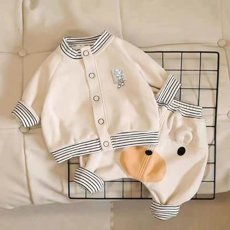 秋冬男女宝宝套装婴儿孩卡通条纹大PP屁屁裤子加绒两件套外套小童