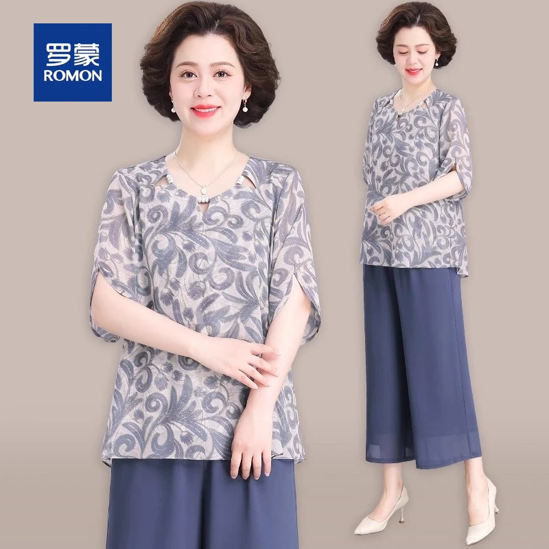 罗蒙50岁妈妈2025新款女装短袖T恤上衣中老年人衣服奶奶夏季套装