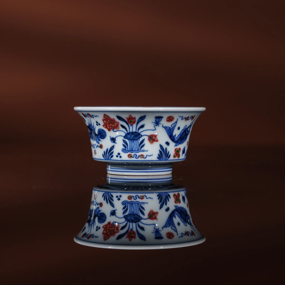 和然窑 鱼藻小马蹄杯 青花釉里红