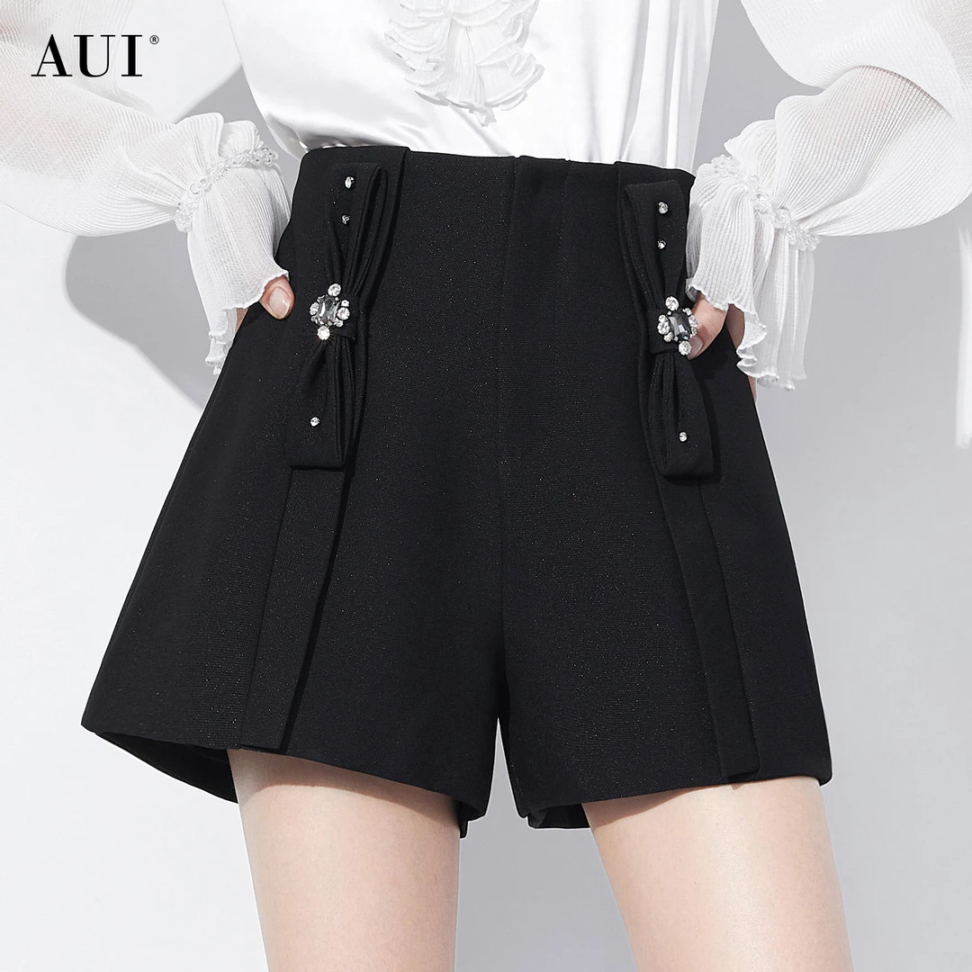 【媛媛女王专享】AUI黑色高级感气质阔腿裤收腰短裤-23W072811
