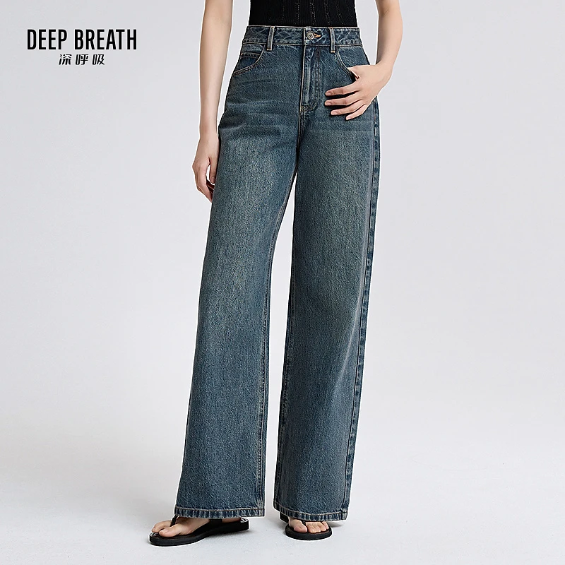 DEEP BREATH深呼吸新款复古洗水色高腰直筒牛仔裤长裤女A100299