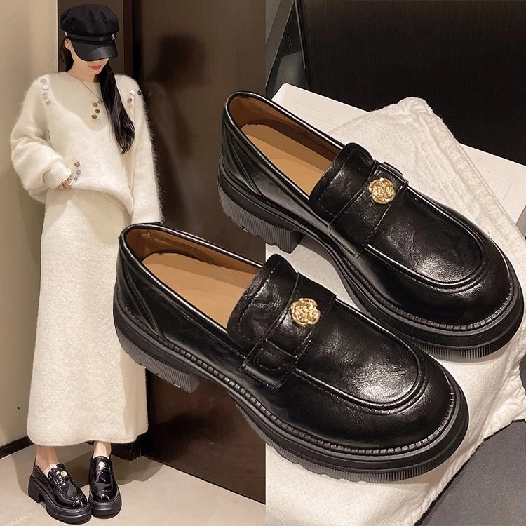 黑色厚底乐福山茶花春秋新款配裙子一脚蹬单鞋粗跟英伦风小皮鞋