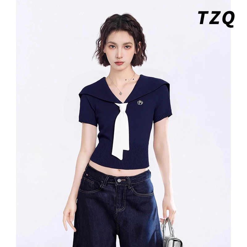 海军领正肩短袖t恤女夏季新款修身短款收腰学院风上衣TZQ2562844
