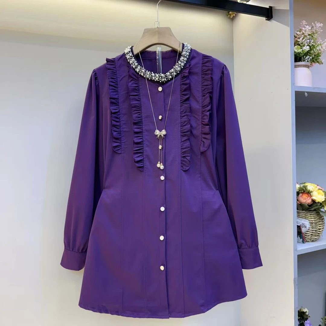 春季新款时尚收腰显瘦气质钉珠木耳边拼接衬衫裙女