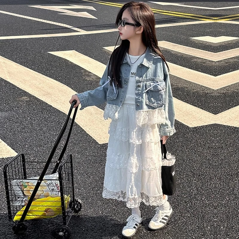 女童裙子春秋款2025新款女大童洋气白色蕾丝裙子女孩短款牛仔外套