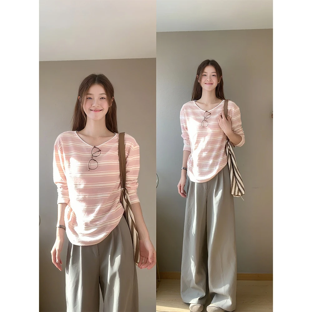 条纹粉色长袖t恤女春秋打底衫小众设计感韩系慵懒风上衣宽松显瘦