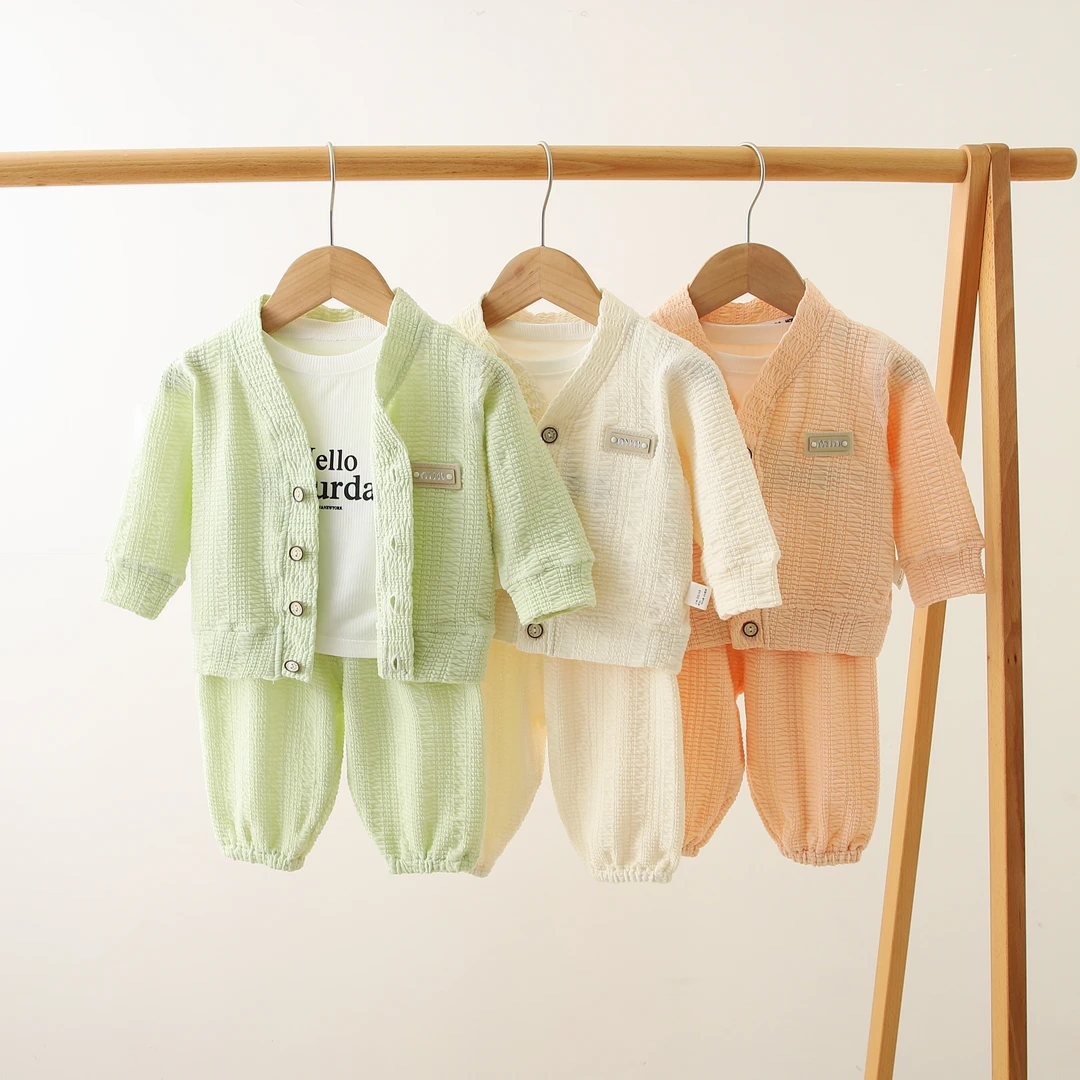 haquhou/哈趣猴夏季卡通风婴幼儿泡泡纱韩版外出排湿吸汗三件套