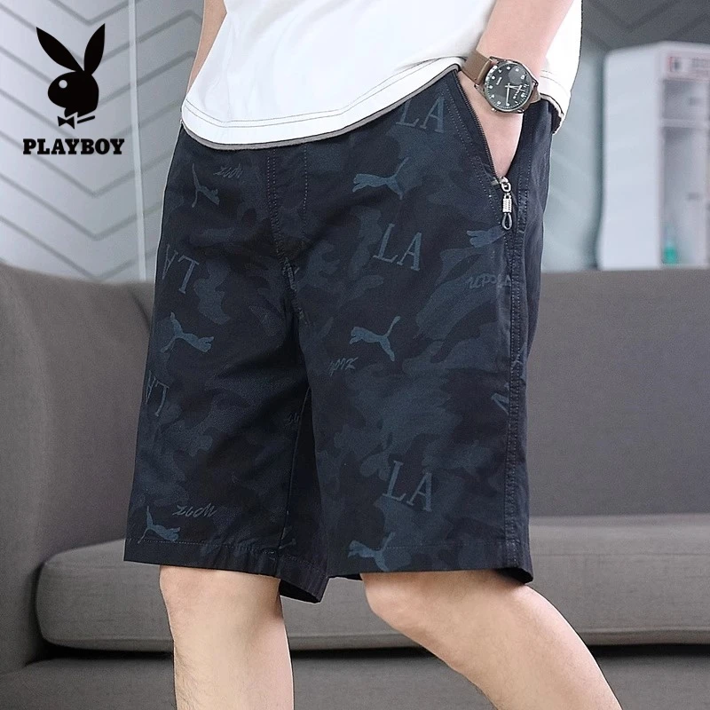 花花公子印花纯棉休闲短裤男士夏季薄款拉链口袋宽松直筒五分中裤