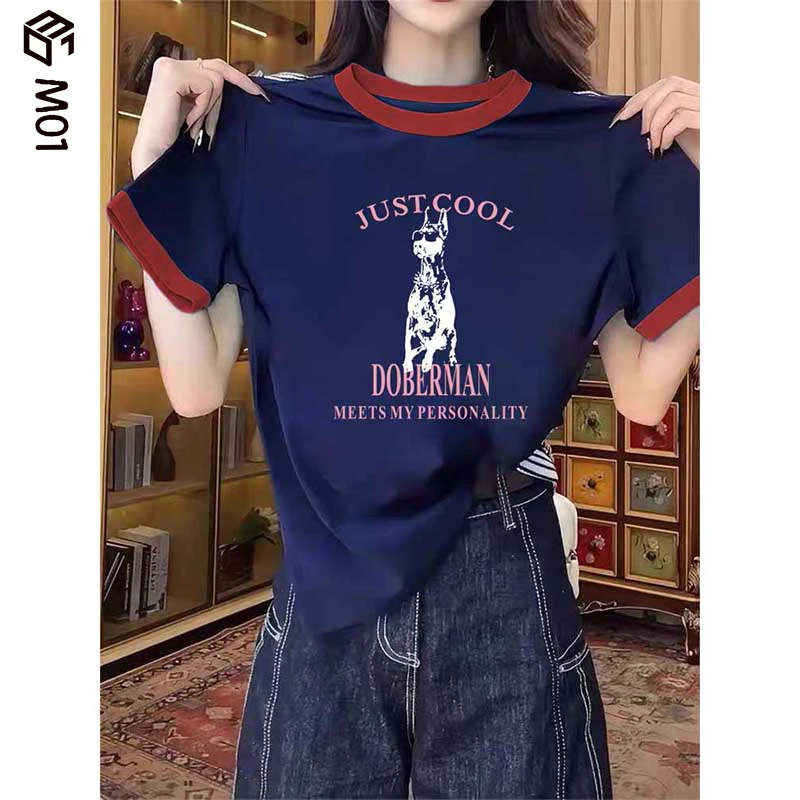 M01夏季新款小众撞色正肩短袖t恤女装时尚百搭洋气减龄显瘦上衣