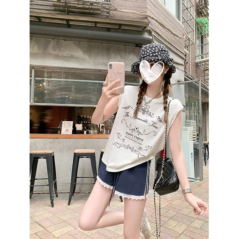 韩系休闲宽松白底黑色字母宽松背心T恤女+蓝色休闲短裤两件套9914