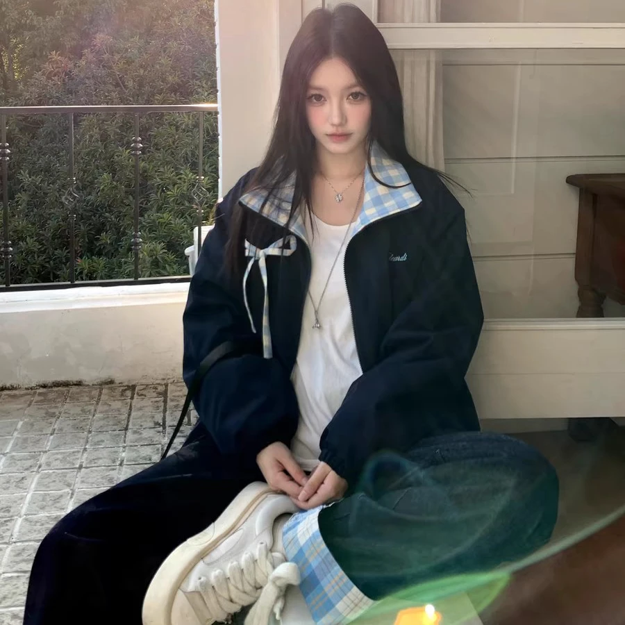 甜美蝴蝶结格子拼接加厚棉服