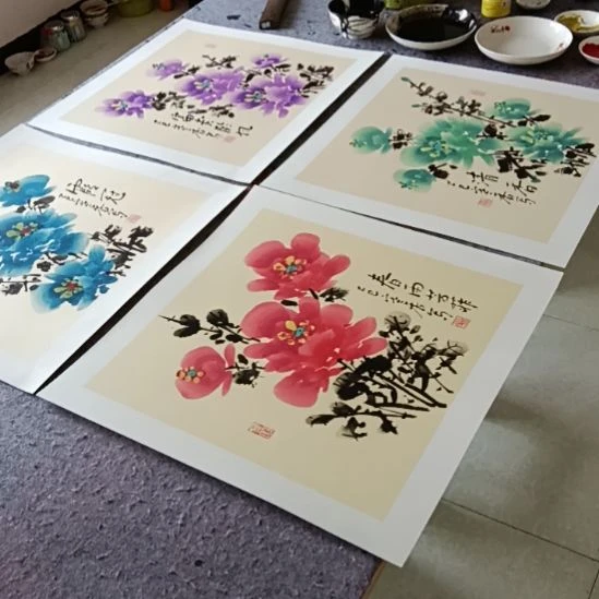竖款写意画牡丹花四张作品