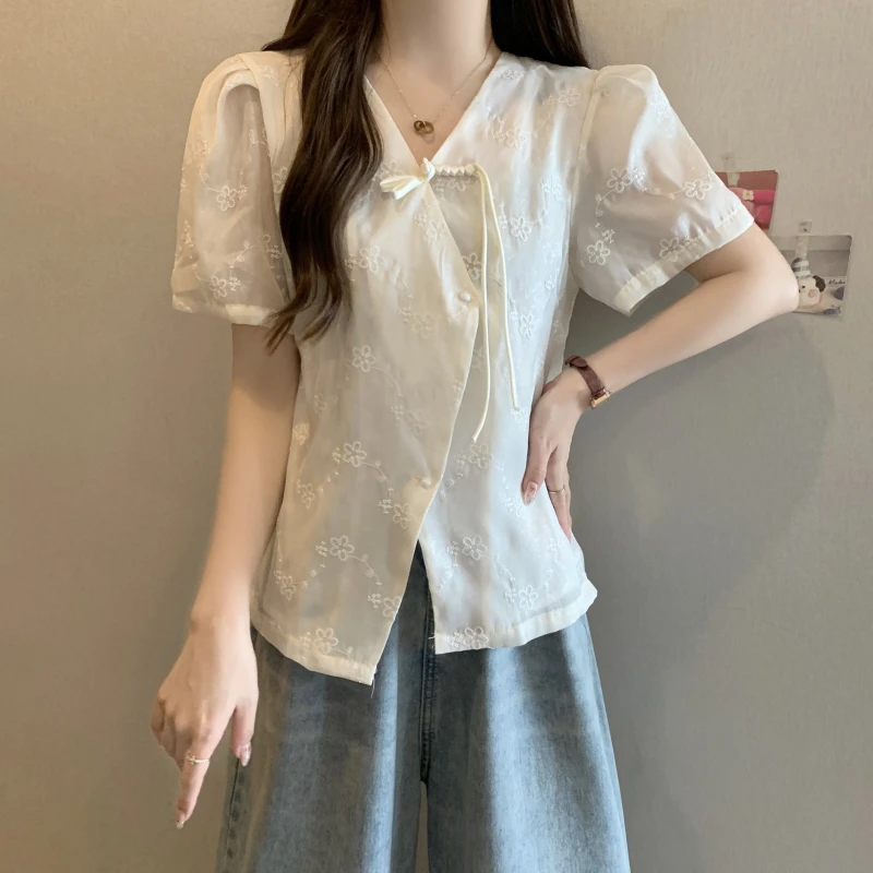 3595大码女装胖妹妹国风元素温柔收腰显瘦遮肚减龄上衣3093