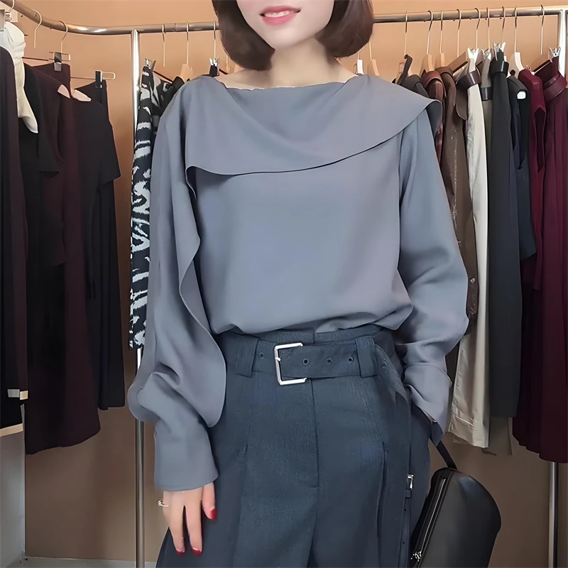 荷叶领拼接长袖衬衫女2025秋季新款时髦洋气设计感气质百搭上衣潮