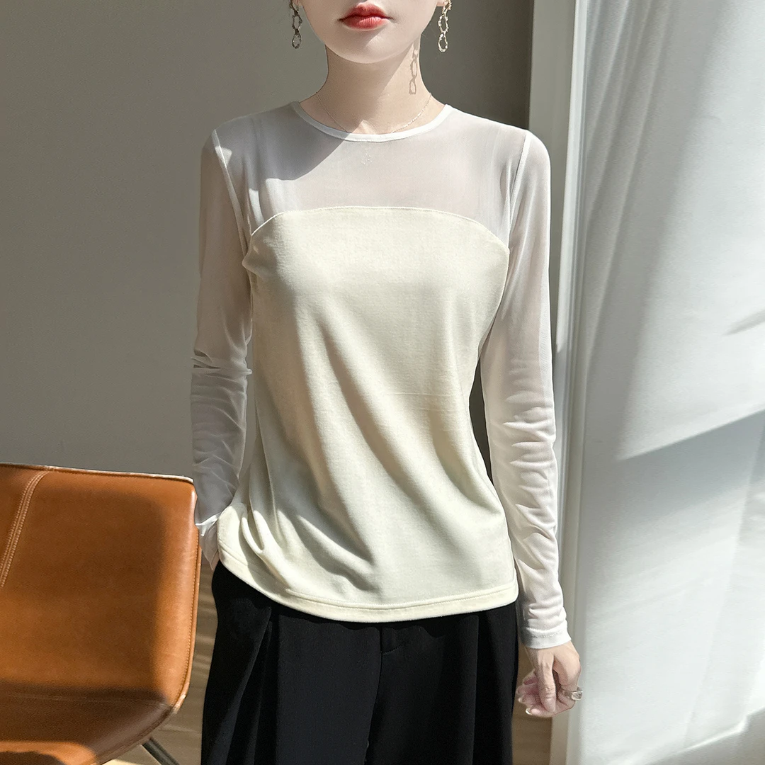 品牌官方秋季圆领女士丝绒拼接针织衫复古摩登风内搭显瘦打底衫