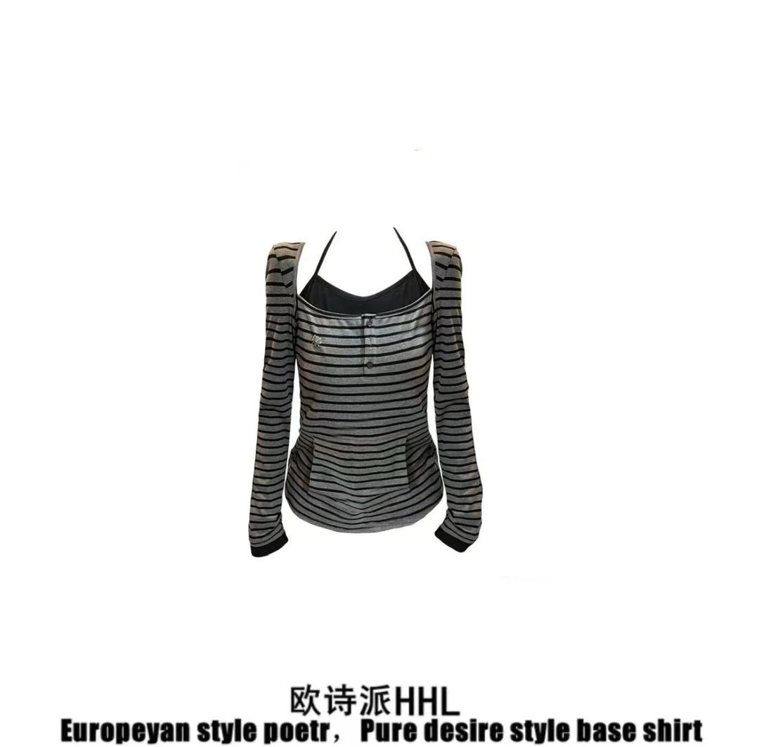 韩系复古假两件条纹半纽扣长袖t恤女早秋修身辣妹连帽帽衫上衣潮