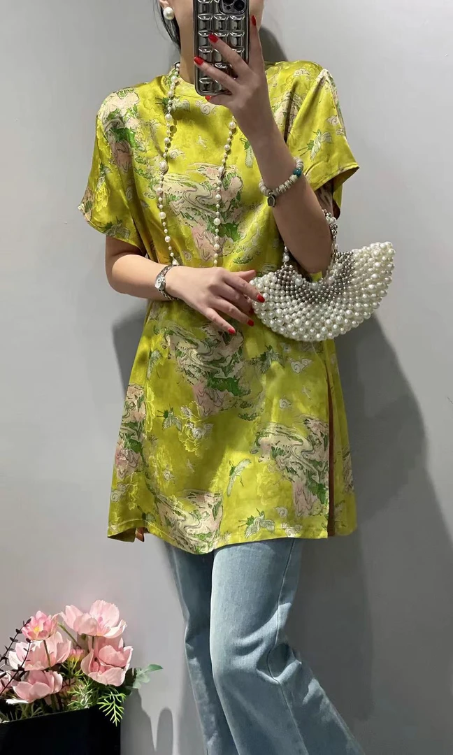 MZ女+2025夏装新中式2号女装时尚显腰身花色中长款短袖上衣