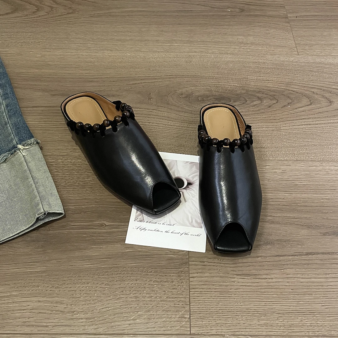 Shoe/牛皮/1CM法式性感鱼嘴鞋包头半拖复古手工串珠一脚蹬6557