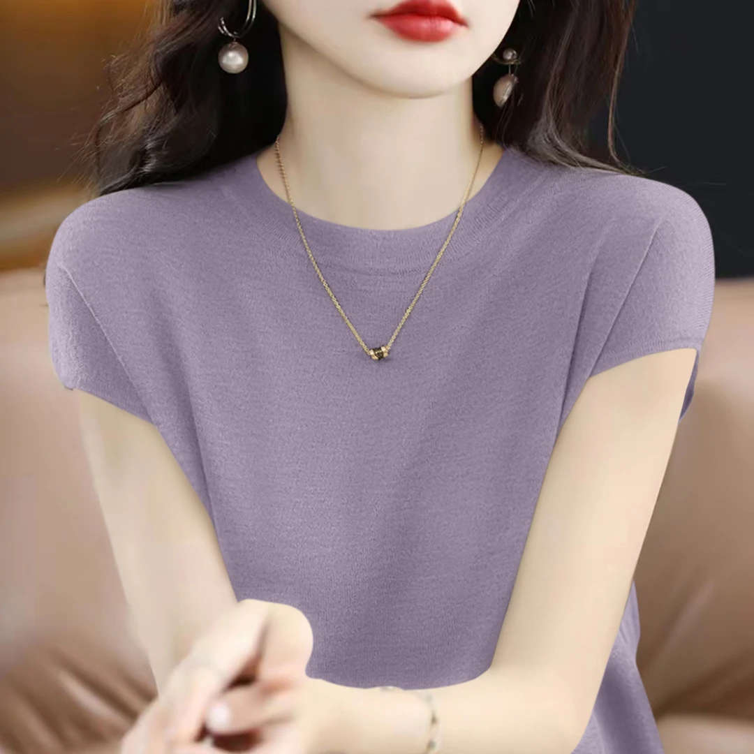 时髦紫色气质纯色圆领短袖针织衫t恤女装夏季小飞袖宽松显瘦上衣