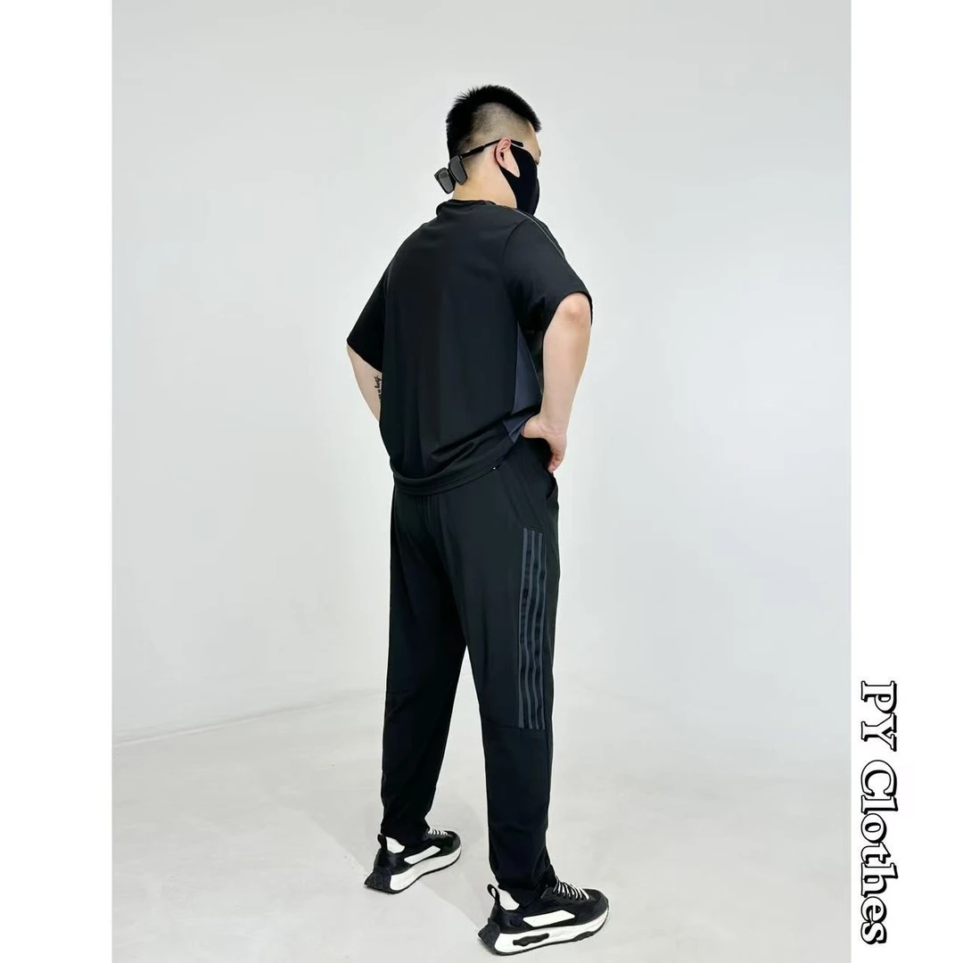 胖语大码男装 2025年夏季新款高弹冰丝拼接织带休闲套装7036#N