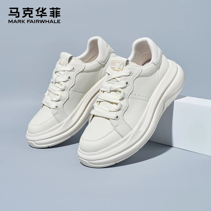 马克华菲男鞋春季款运动休闲低帮白色板鞋厚底增高真皮百搭小白鞋