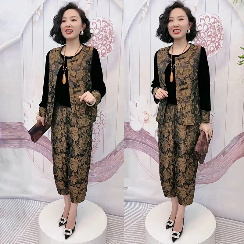 高档提花盘扣马甲两件套春夏新款休闲百搭洋气马夹搭花苞裤套装女