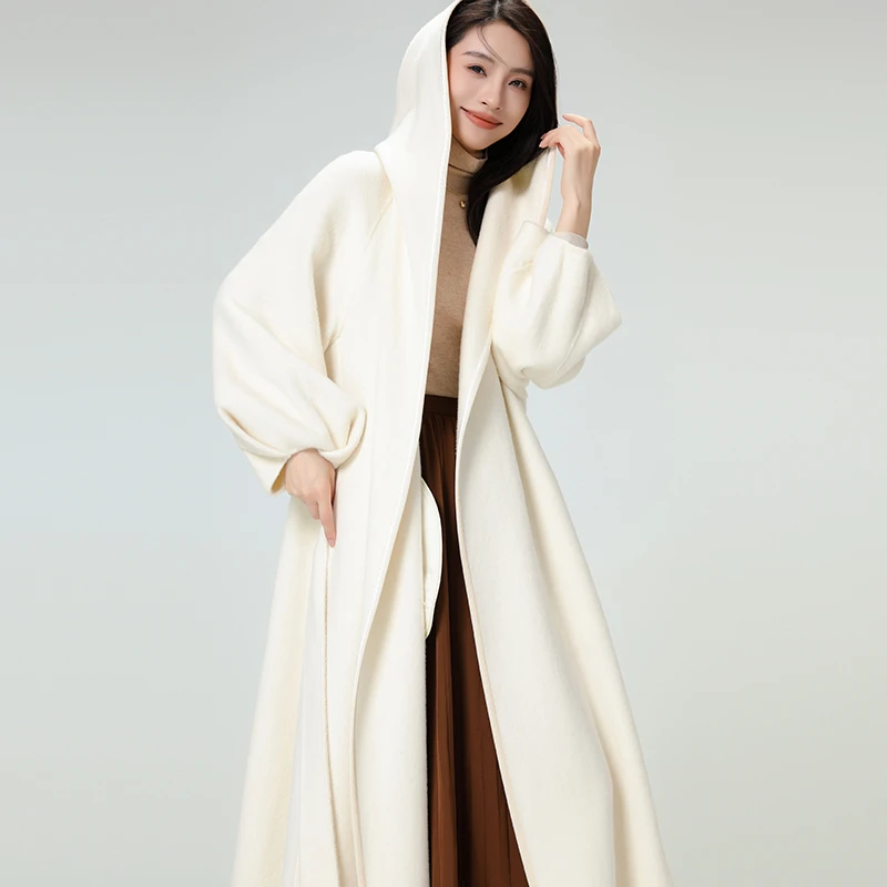 双面呢大衣女毛呢外套长款气质时尚休闲百搭连帽系带设计师88038