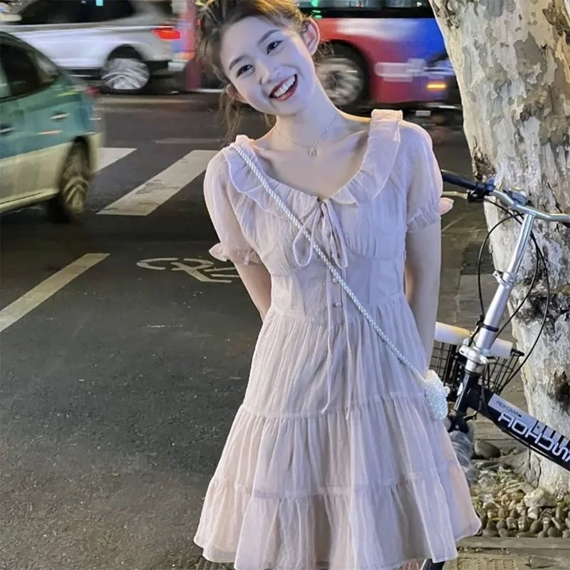 紫色连衣裙女夏季年新款收腰显瘦法式赫本风仙女气质雪纺裙子