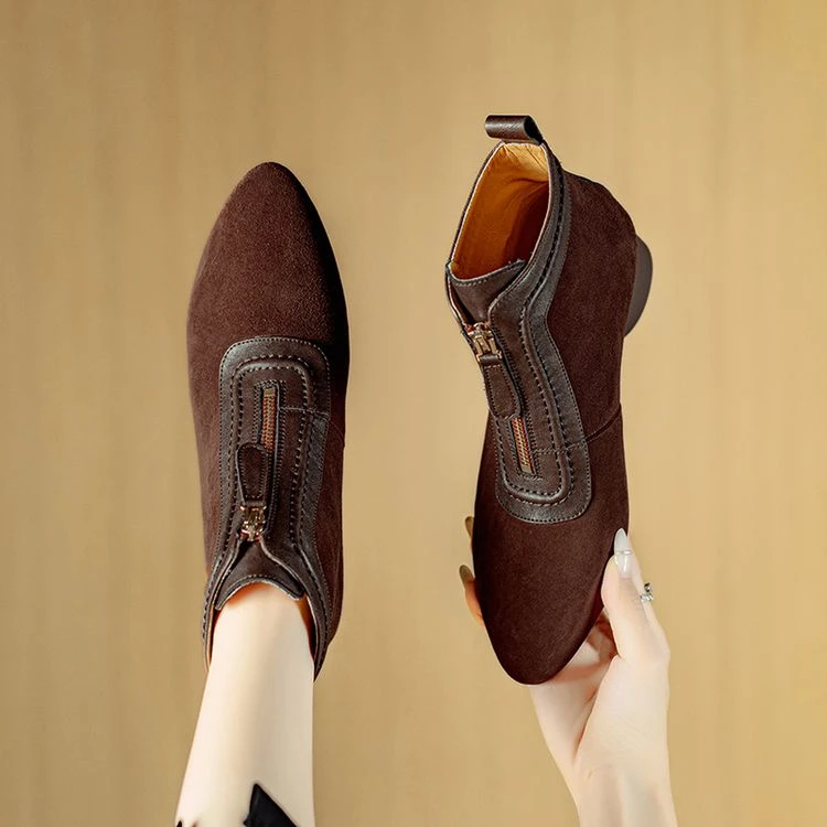 法式复古小短靴尖头磨砂及裸靴女2025秋冬新款前拉链粗跟马丁靴女