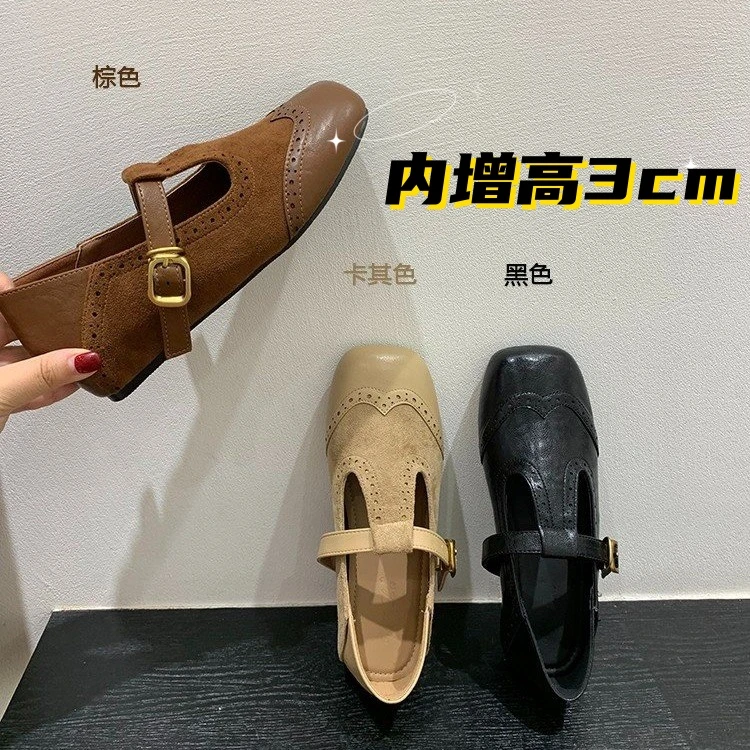 内增高3cm复古雕花方头浅口单鞋小皮鞋女小众设计法式玛丽珍鞋女