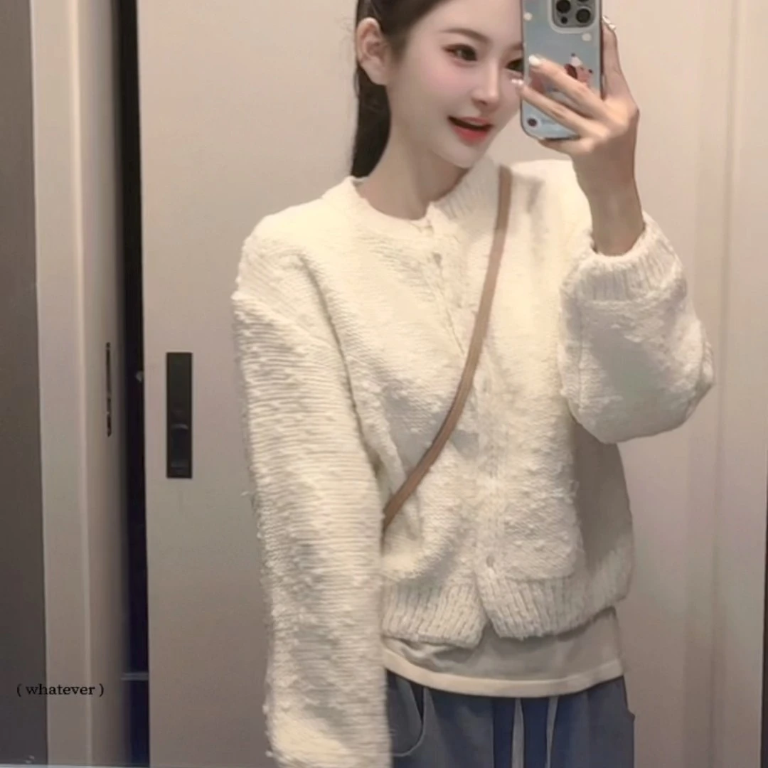 《满天星》2025蓉蓉家秋冬新款韩系宽松条纹颗粒针织开衫外套女