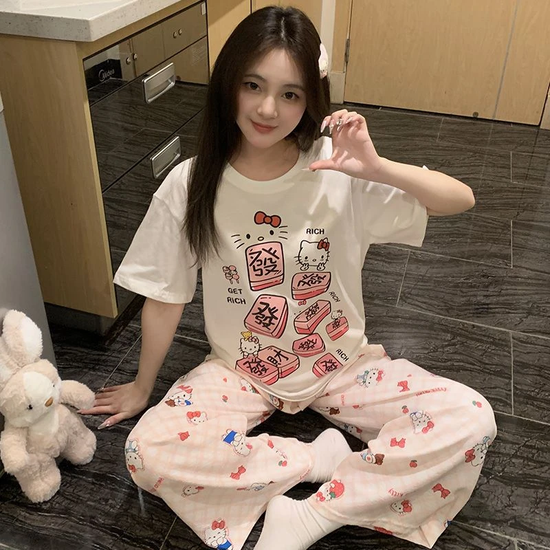 HelloKitty睡衣女士夏季纯棉薄款短袖长裤卡通可爱少女家居服套装