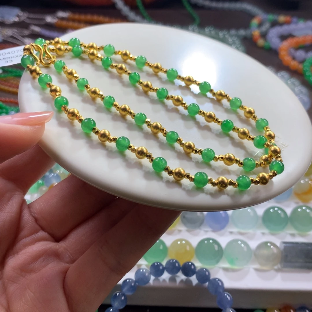 翡翠未镶嵌手链！古法黄金！满色冰阳绿金玉满堂卡4-5