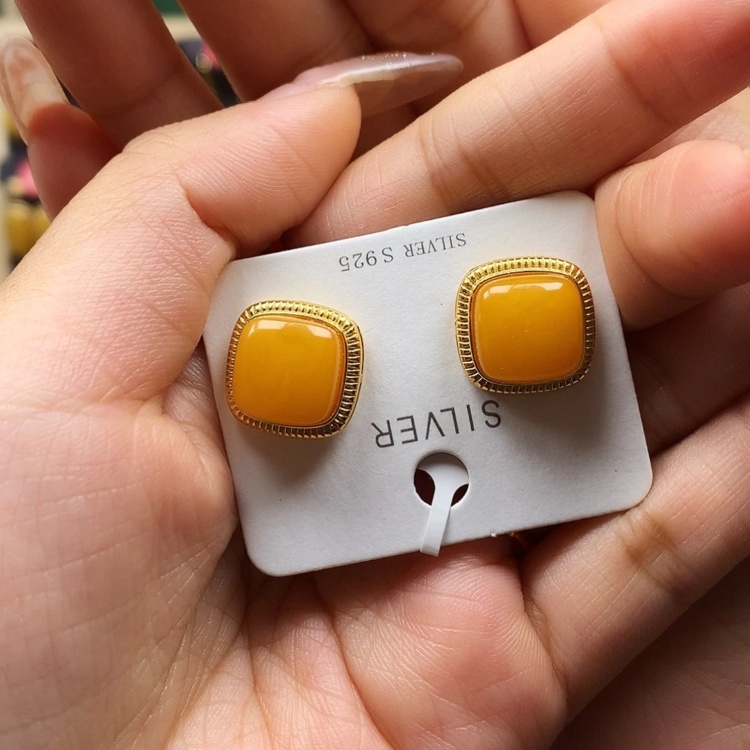 蜜蜡银S925镶嵌耳饰耳钉