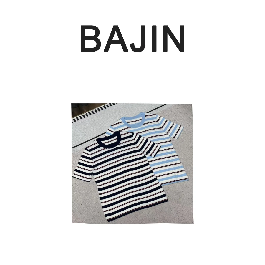 B2042【美丽诺羊毛条纹拼接撞色圆领短袖T恤上衣】针织时尚休闲百搭