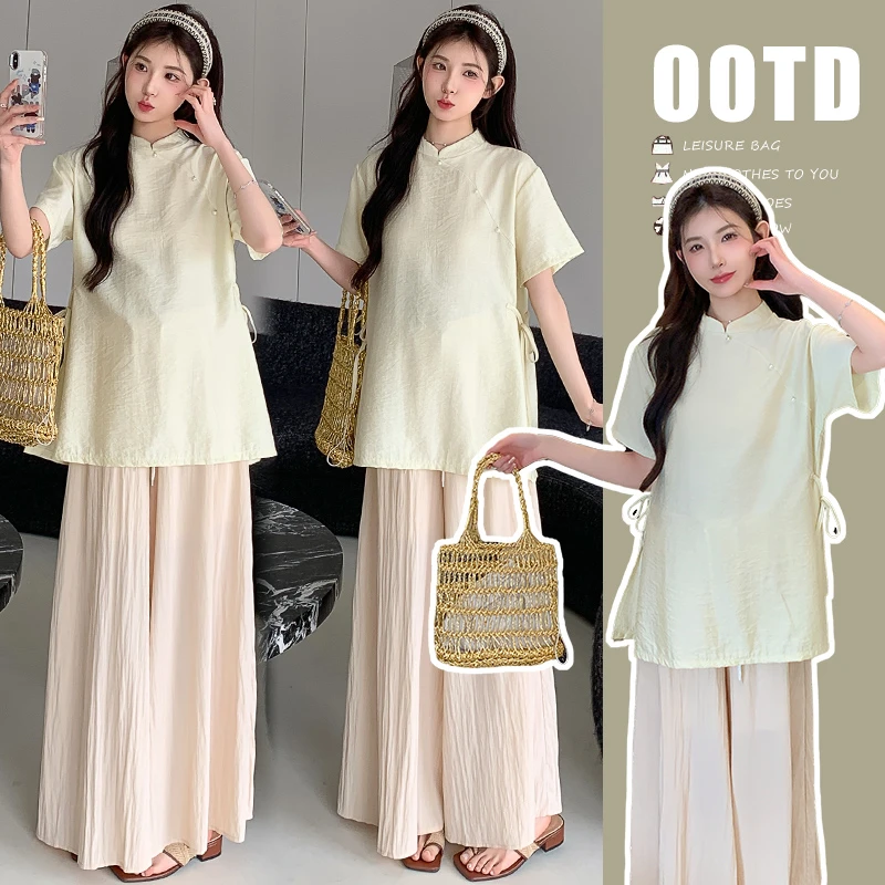 大码新中式长款上衣洋气孕妇阔腿裤女时尚气质减龄宽松中国风小衫