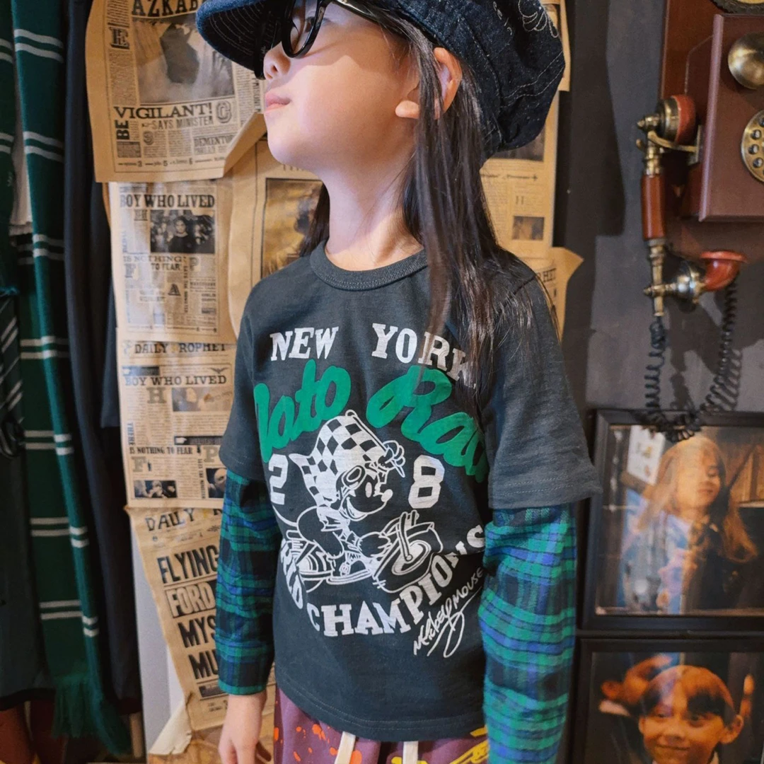 2025新款秋冬 男女童竹节棉拼接格子DD长袖T恤儿童圆领卡通上衣